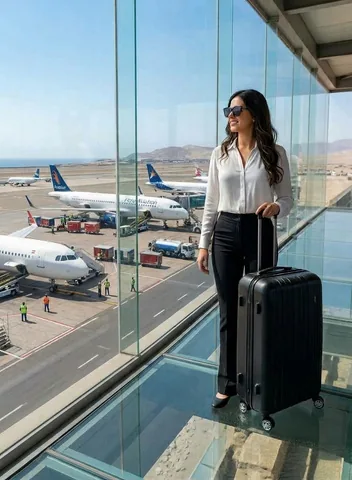 Pasajera en terminal de aeropuerto con equipaje